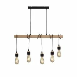 Le moins cher 😀 Paris prix DETROIT Suspension industrielle 5 tetes en bois - 7 x 90 x H150 - Noir - Ampoules décoratives E27 40W fournies 😍