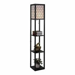 Meilleure affaire 😉 Homcom Lampadaire étagère lampe étagère 26L x 26l x 160H cm 3 étagères 4 niveaux MDF noir motif nid d'abeille 💯