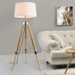 Meilleure vente 💯 Lampadaire Design Lampe à Pied Trépied avec Pieds en Bois et Métal Abat-Jour en Tissu E27 Hauteur 145 cm Bois Clair Chrome Blanc [lux.pro] 💯 -Optonica Soldes 4059438144639 6