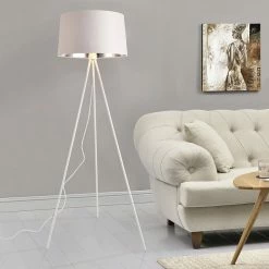 Tout neuf 🎉 Lampadaire Trépied Moderne Stylé Lampe sur Pied Design E27 Métal Textile Hauteur 150 cm Blanc Argenté [lux.pro] 🎁 -Optonica Soldes 4059438150685 4